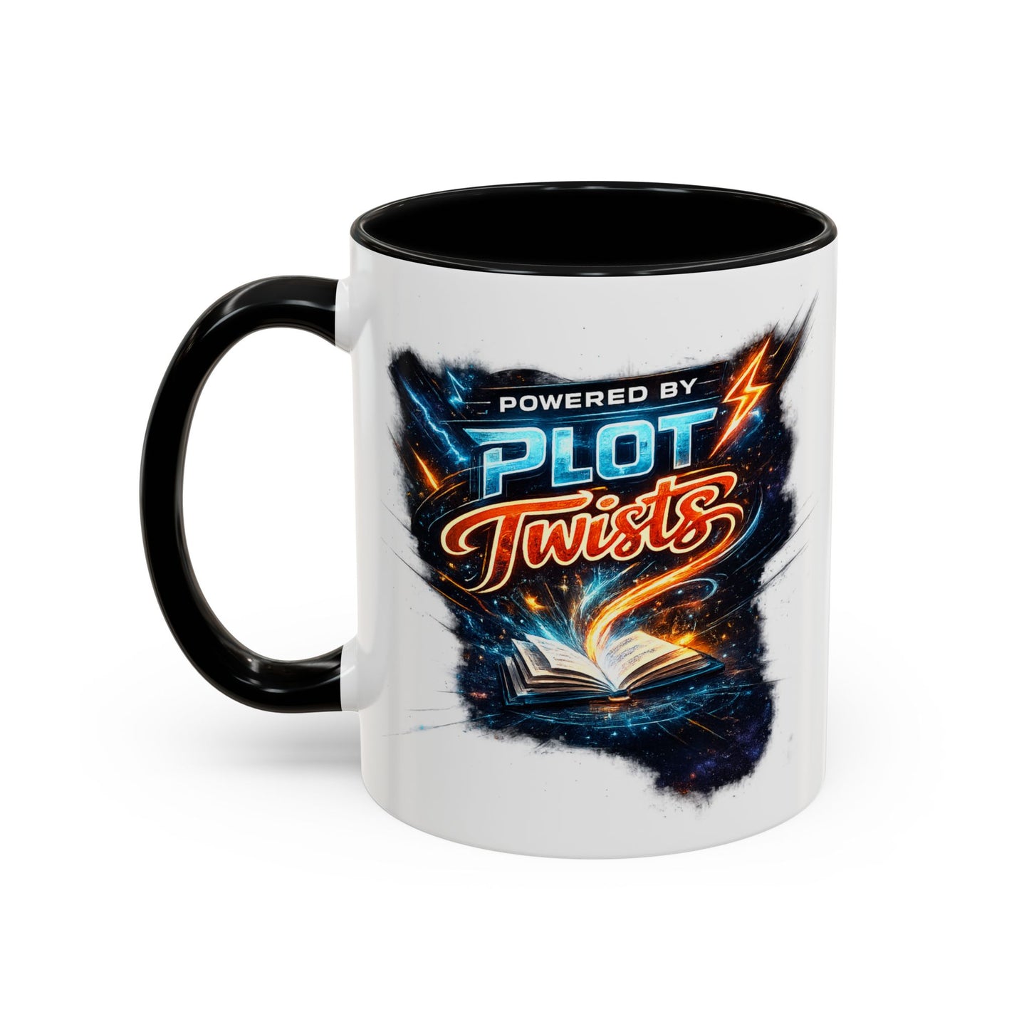 Powered by Plot Twists; Black Accent Coffee Mug with Neon Lightning Skull Design