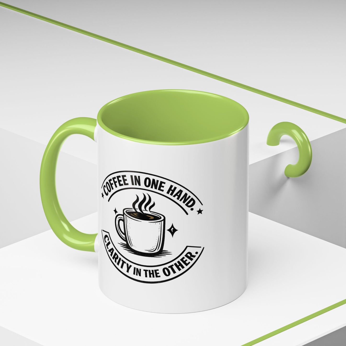 "Coffee in One Hand. Clarity in the Other" Black Accent Coffee Mug — Vintage Badge Coffee Lover Gift (11/15oz)