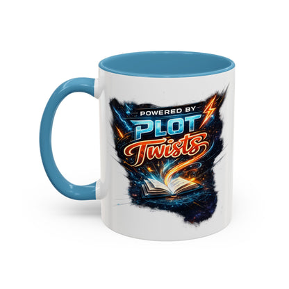 Powered by Plot Twists; Black Accent Coffee Mug with Neon Lightning Skull Design