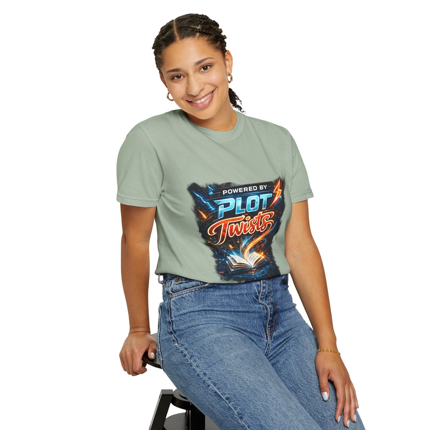 "Powered by Plot Twists" T-Shirt — Graphic Book Lover Tee