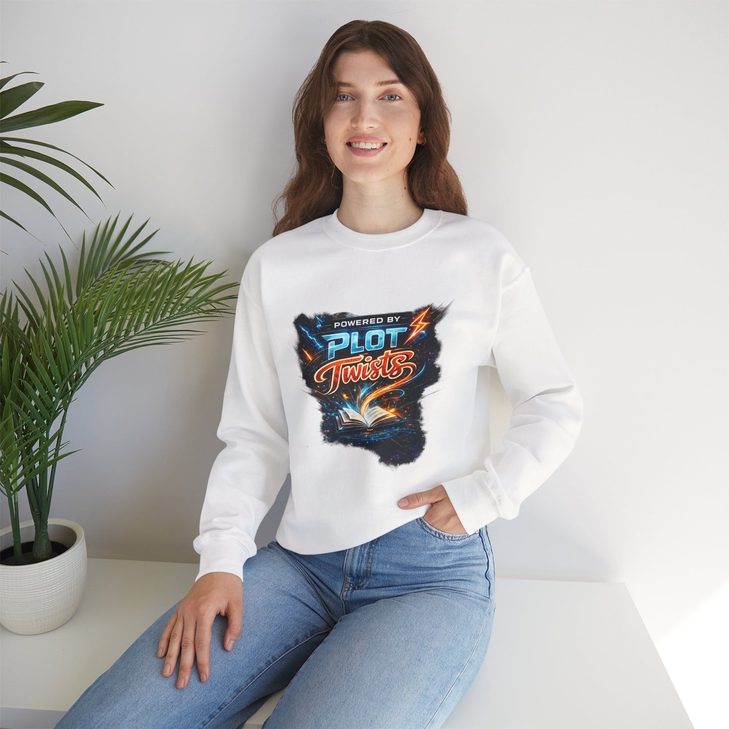 "Powered by Plot Twists" Crewneck Sweatshirt — Literary Reader & Writer Gift