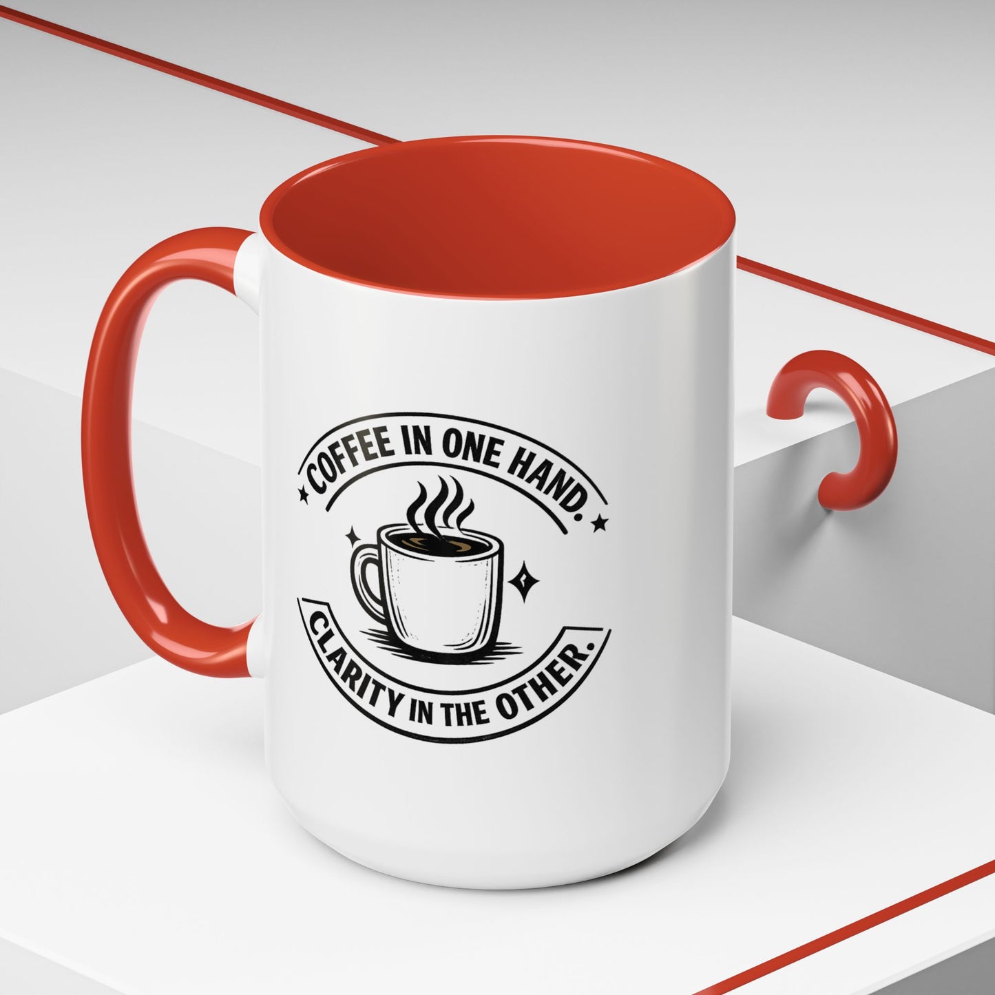 "Coffee in One Hand. Clarity in the Other" Black Accent Coffee Mug — Vintage Badge Coffee Lover Gift (11/15oz)