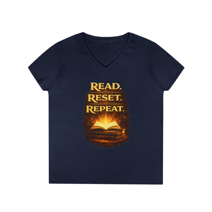 "Read Reset Repeat" V-Neck T-Shirt — Inspirational Book Lover Tee