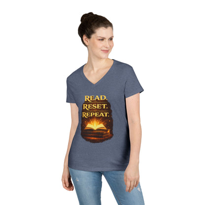 "Read Reset Repeat" V-Neck T-Shirt — Inspirational Book Lover Tee