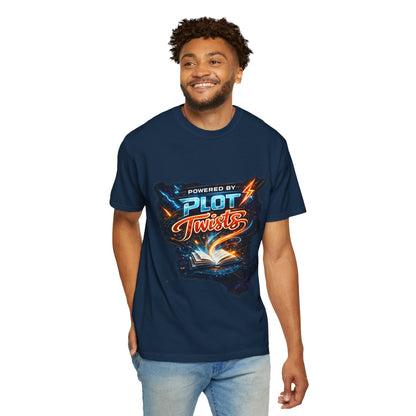 "Powered by Plot Twists" T-Shirt — Graphic Book Lover Tee