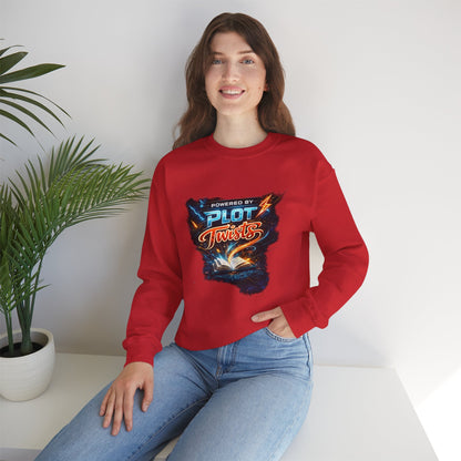 "Powered by Plot Twists" Crewneck Sweatshirt — Literary Reader & Writer Gift