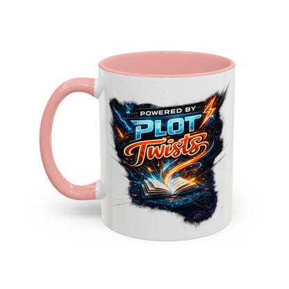 Powered by Plot Twists; Black Accent Coffee Mug with Neon Lightning Skull Design