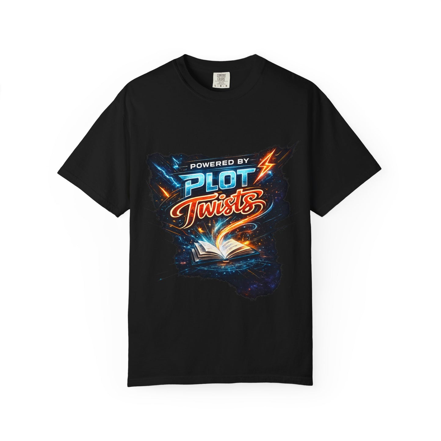 "Powered by Plot Twists" T-Shirt — Graphic Book Lover Tee