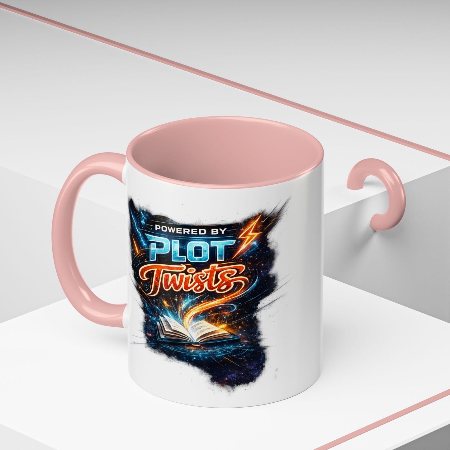 Powered by Plot Twists; Black Accent Coffee Mug with Neon Lightning Skull Design
