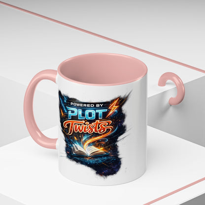 Powered by Plot Twists; Black Accent Coffee Mug with Neon Lightning Skull Design