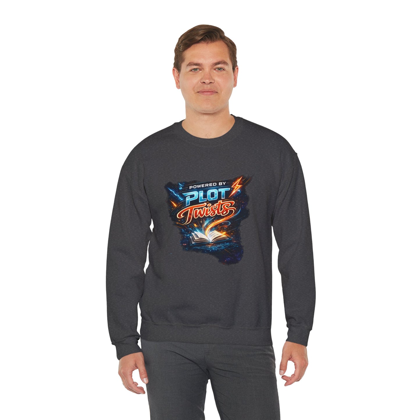 "Powered by Plot Twists" Crewneck Sweatshirt — Literary Reader & Writer Gift