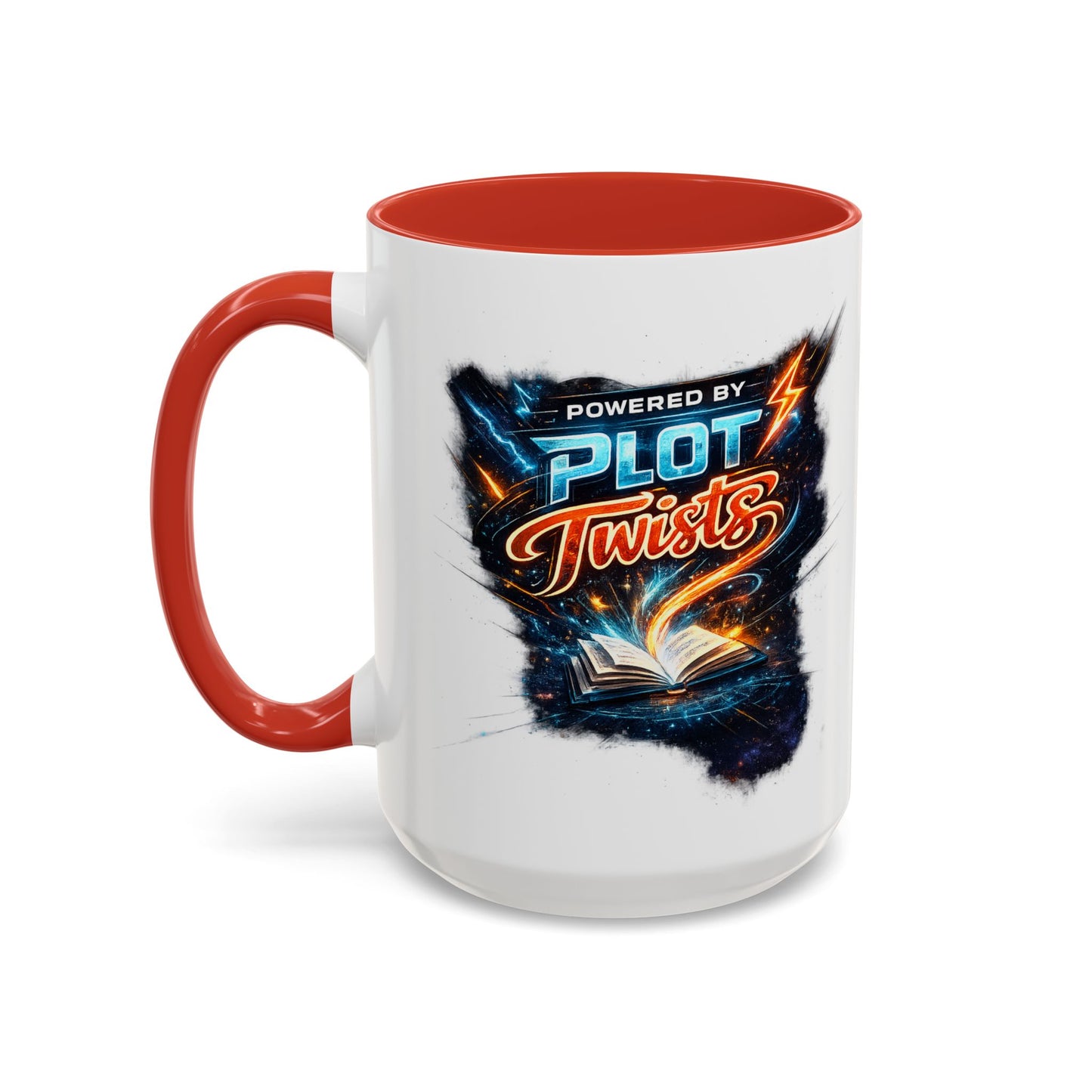 Powered by Plot Twists; Black Accent Coffee Mug with Neon Lightning Skull Design