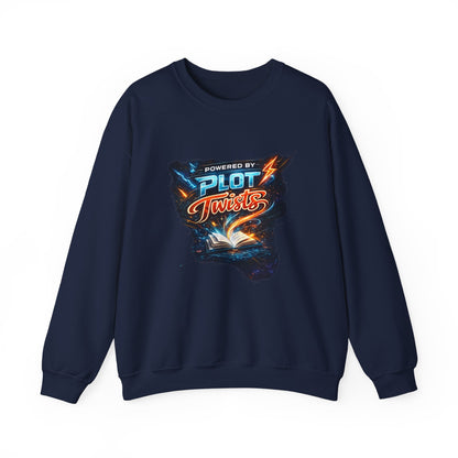 "Powered by Plot Twists" Crewneck Sweatshirt — Literary Reader & Writer Gift
