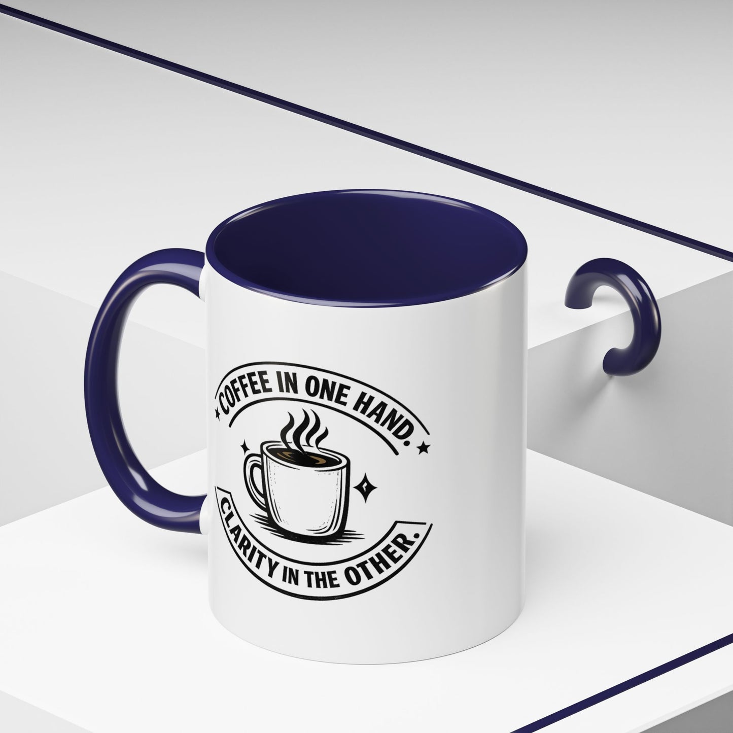 "Coffee in One Hand. Clarity in the Other" Black Accent Coffee Mug — Vintage Badge Coffee Lover Gift (11/15oz)