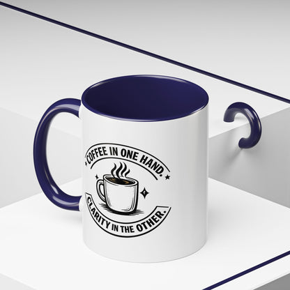 "Coffee in One Hand. Clarity in the Other" Black Accent Coffee Mug — Vintage Badge Coffee Lover Gift (11/15oz)