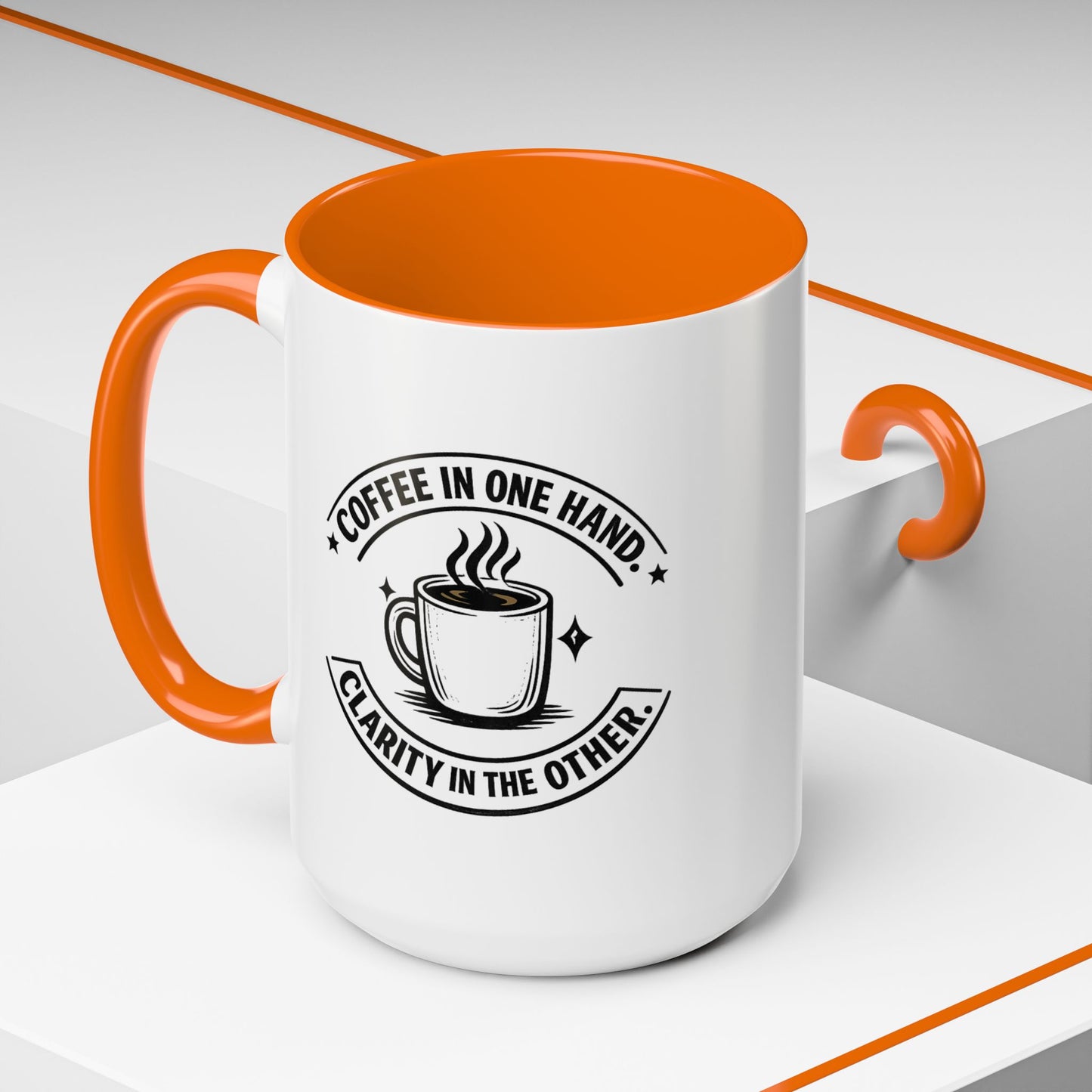"Coffee in One Hand. Clarity in the Other" Black Accent Coffee Mug — Vintage Badge Coffee Lover Gift (11/15oz)