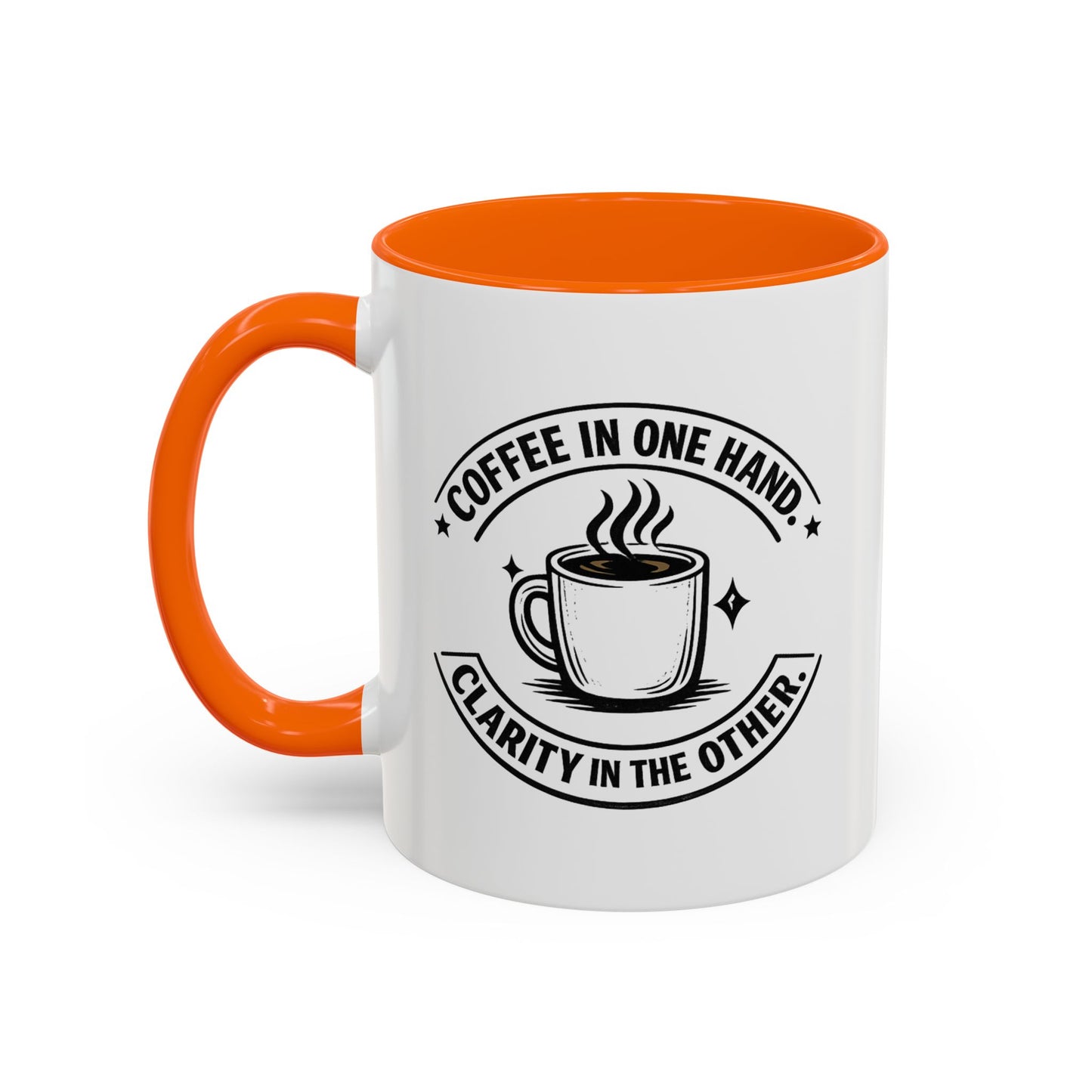 "Coffee in One Hand. Clarity in the Other" Black Accent Coffee Mug — Vintage Badge Coffee Lover Gift (11/15oz)