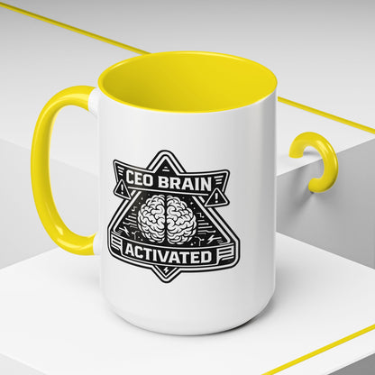 "CEO Brain Activated" Adventure Crew Coffee Mug — Retro Badge Accent 11/15oz