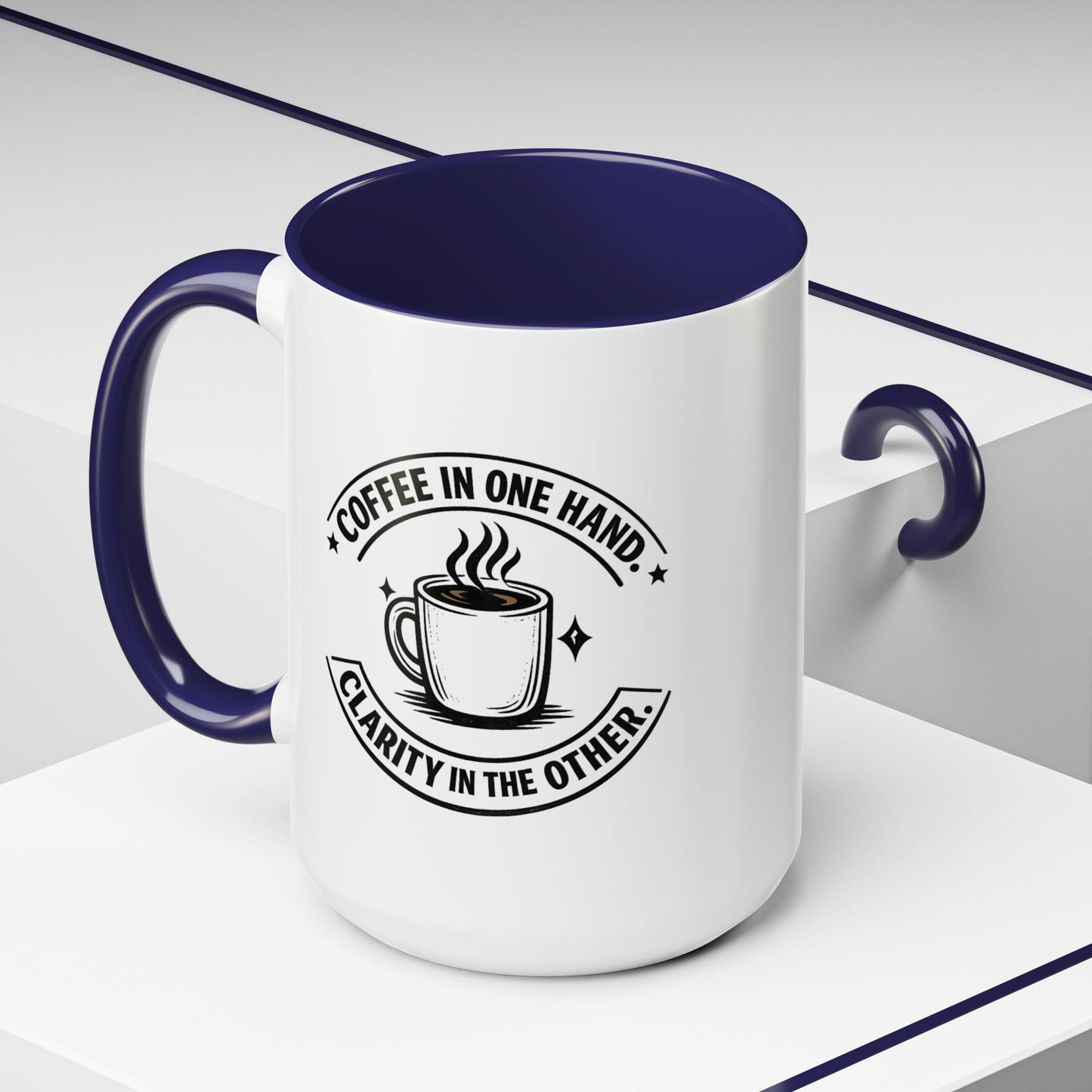 "Coffee in One Hand. Clarity in the Other" Black Accent Coffee Mug — Vintage Badge Coffee Lover Gift (11/15oz)
