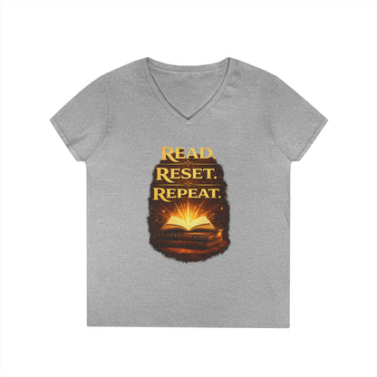 "Read Reset Repeat" V-Neck T-Shirt — Inspirational Book Lover Tee
