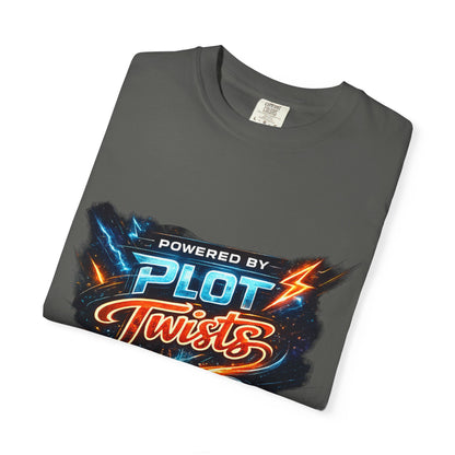 "Powered by Plot Twists" T-Shirt — Graphic Book Lover Tee