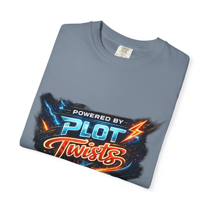 "Powered by Plot Twists" T-Shirt — Graphic Book Lover Tee