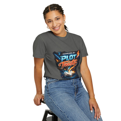 "Powered by Plot Twists" T-Shirt — Graphic Book Lover Tee