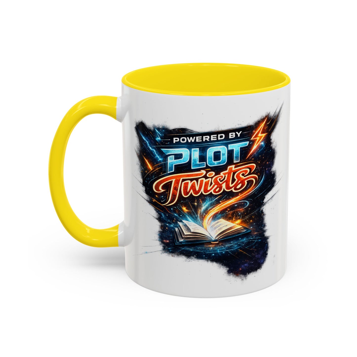 Powered by Plot Twists; Black Accent Coffee Mug with Neon Lightning Skull Design