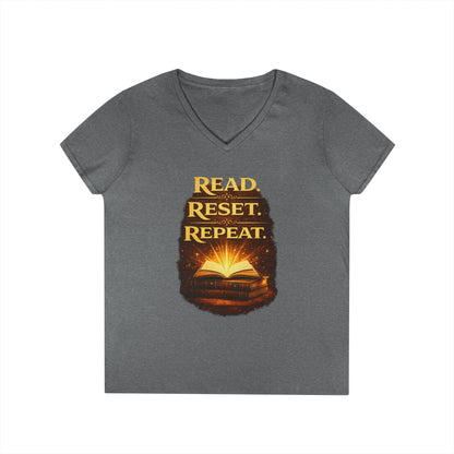 "Read Reset Repeat" V-Neck T-Shirt — Inspirational Book Lover Tee