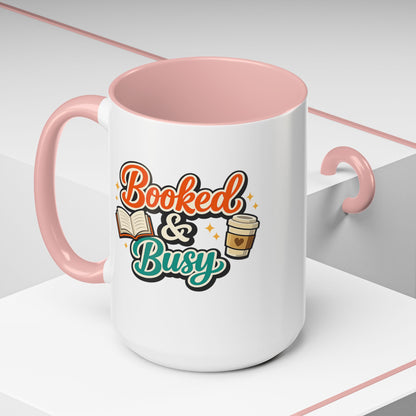 Booked & Busy Cozy Coffee Club Accent Mug — Cute “Local Coffee Shop” Illustration, 11/15oz