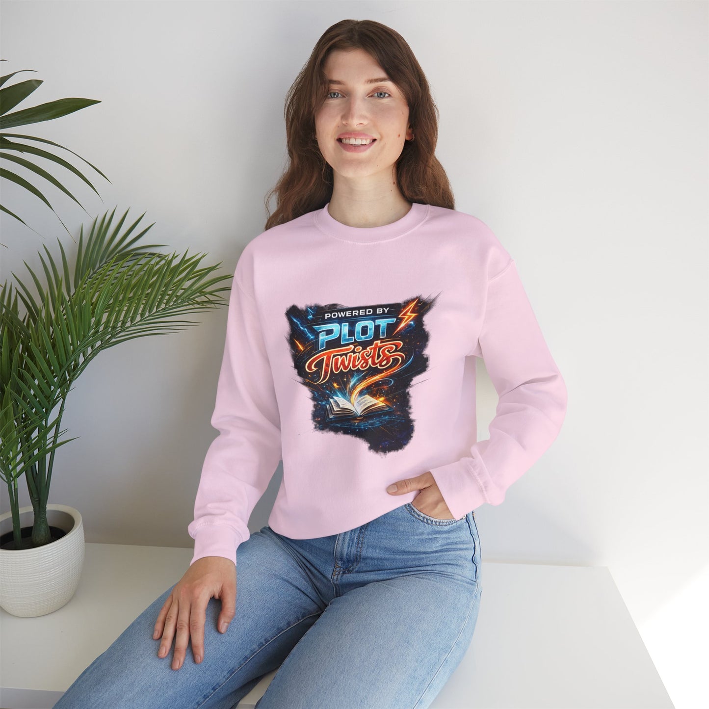 "Powered by Plot Twists" Crewneck Sweatshirt — Literary Reader & Writer Gift