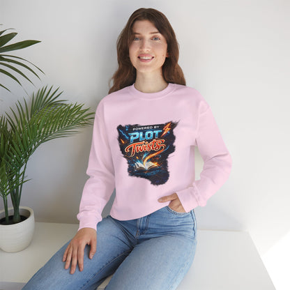 "Powered by Plot Twists" Crewneck Sweatshirt — Literary Reader & Writer Gift