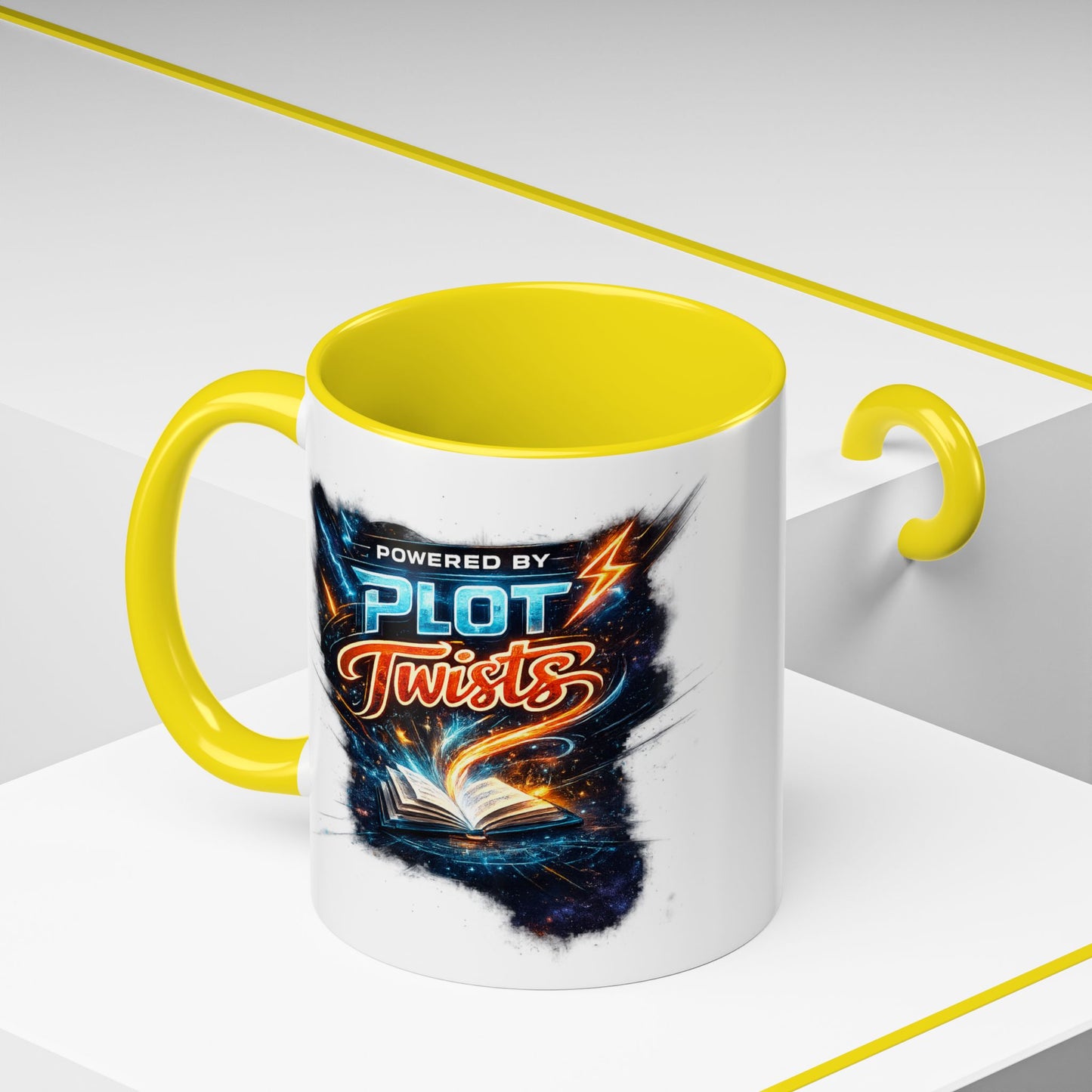 Powered by Plot Twists; Black Accent Coffee Mug with Neon Lightning Skull Design