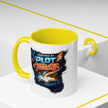 Powered by Plot Twists; Black Accent Coffee Mug with Neon Lightning Skull Design