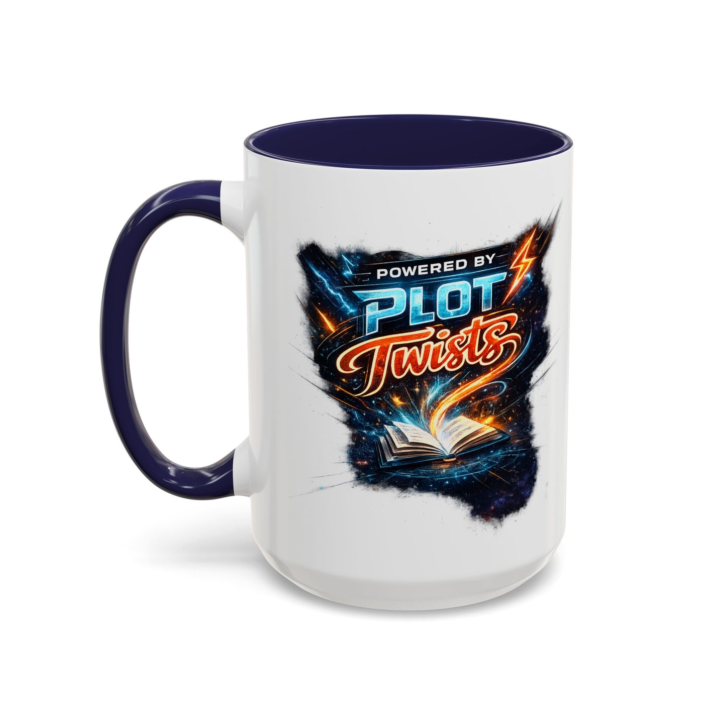 Powered by Plot Twists; Black Accent Coffee Mug with Neon Lightning Skull Design