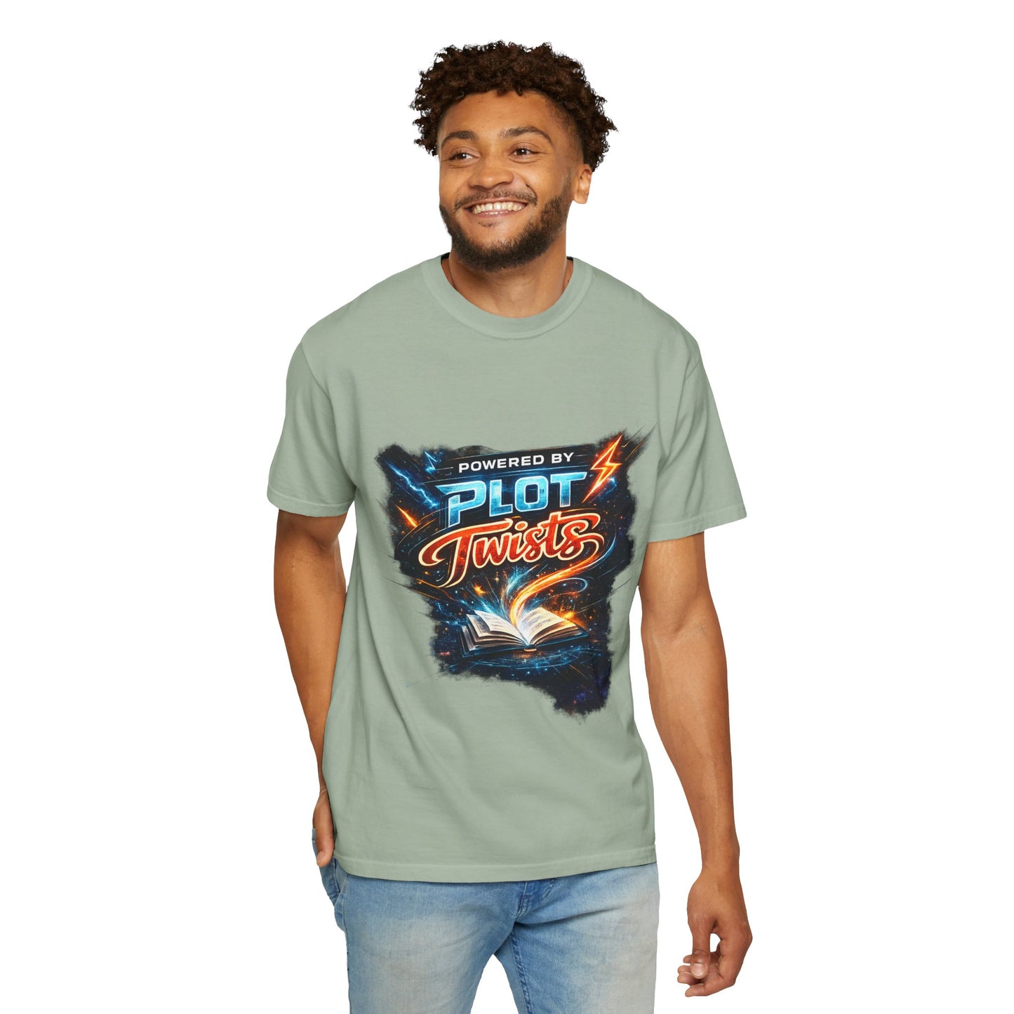 "Powered by Plot Twists" T-Shirt — Graphic Book Lover Tee