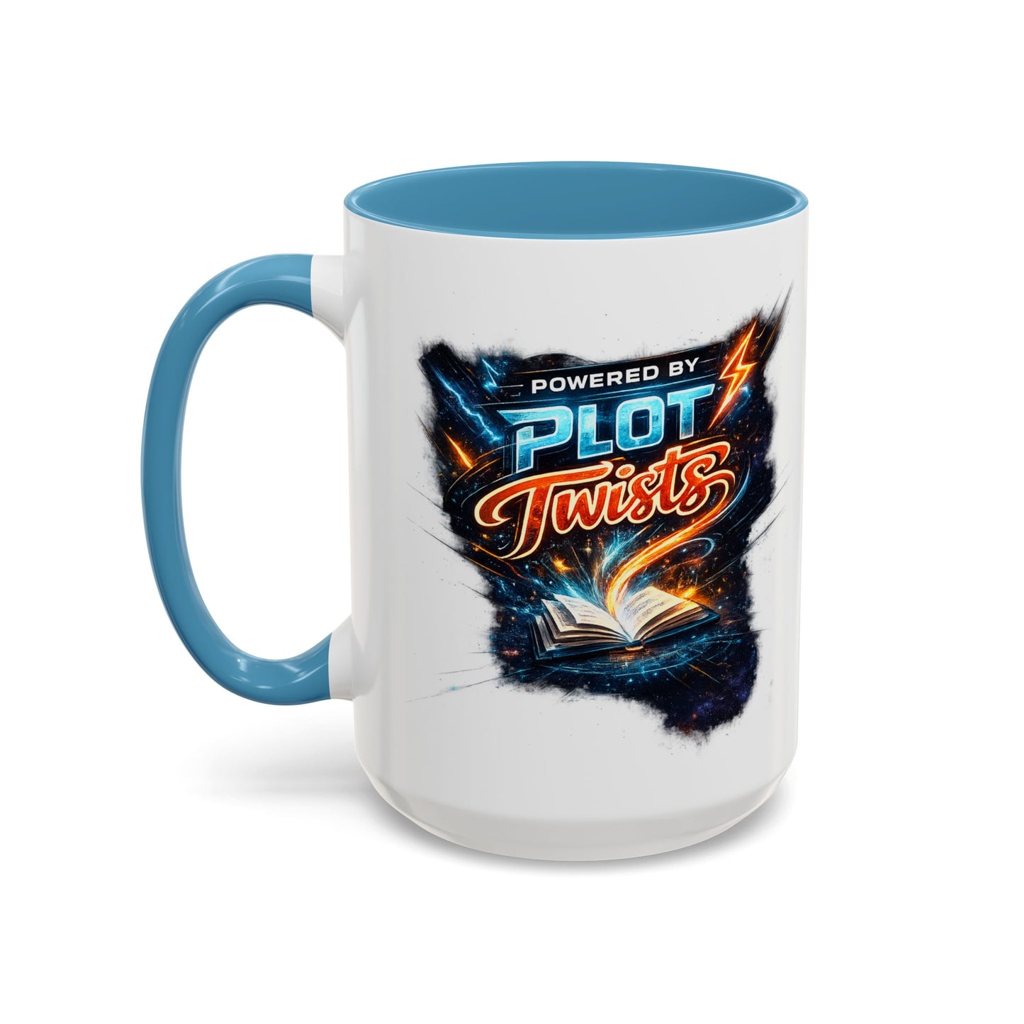 Powered by Plot Twists; Black Accent Coffee Mug with Neon Lightning Skull Design