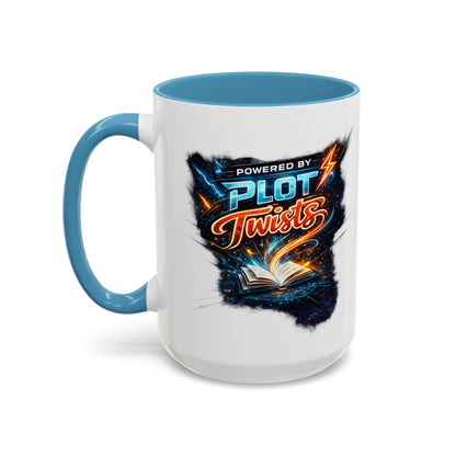 Powered by Plot Twists; Black Accent Coffee Mug with Neon Lightning Skull Design