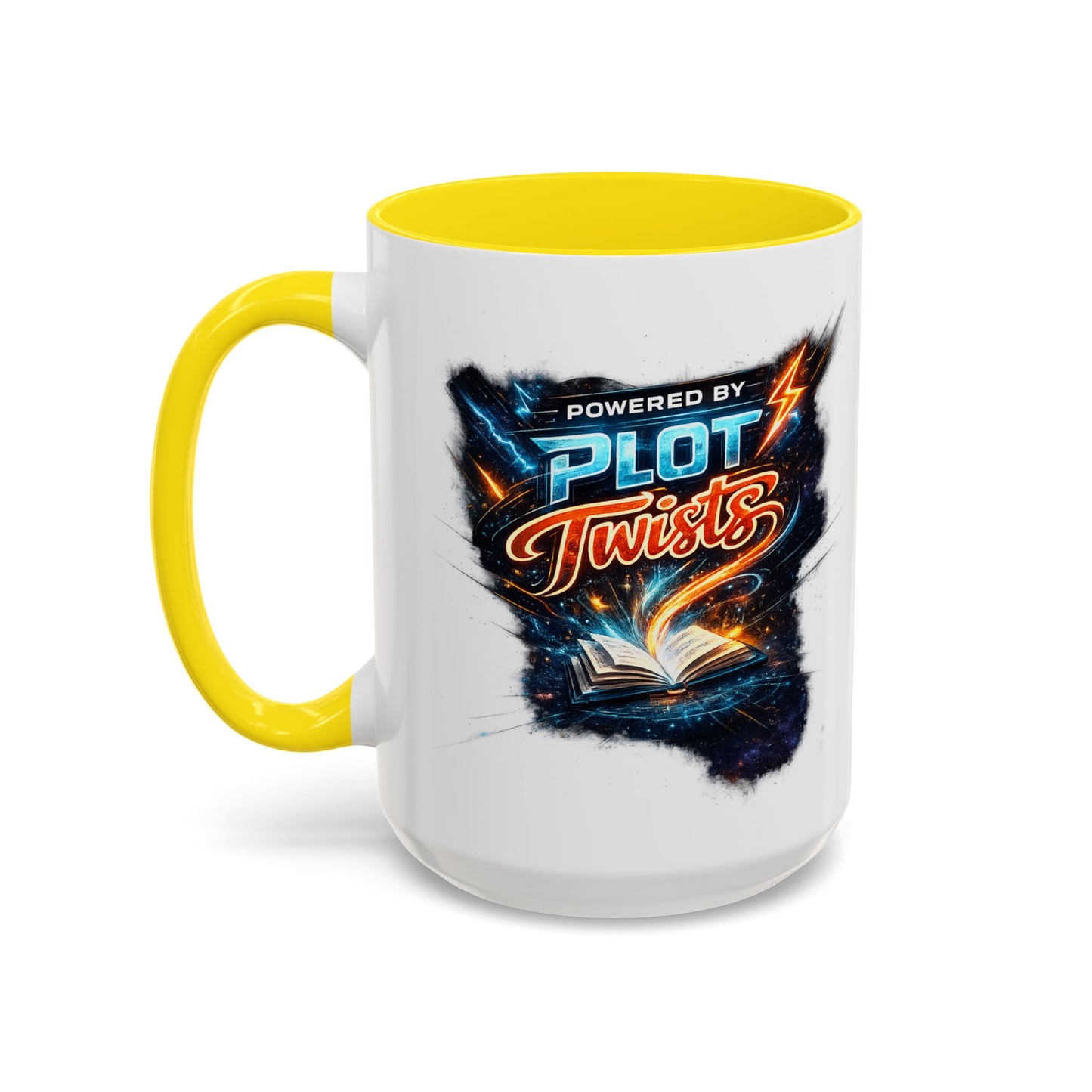 Powered by Plot Twists; Black Accent Coffee Mug with Neon Lightning Skull Design