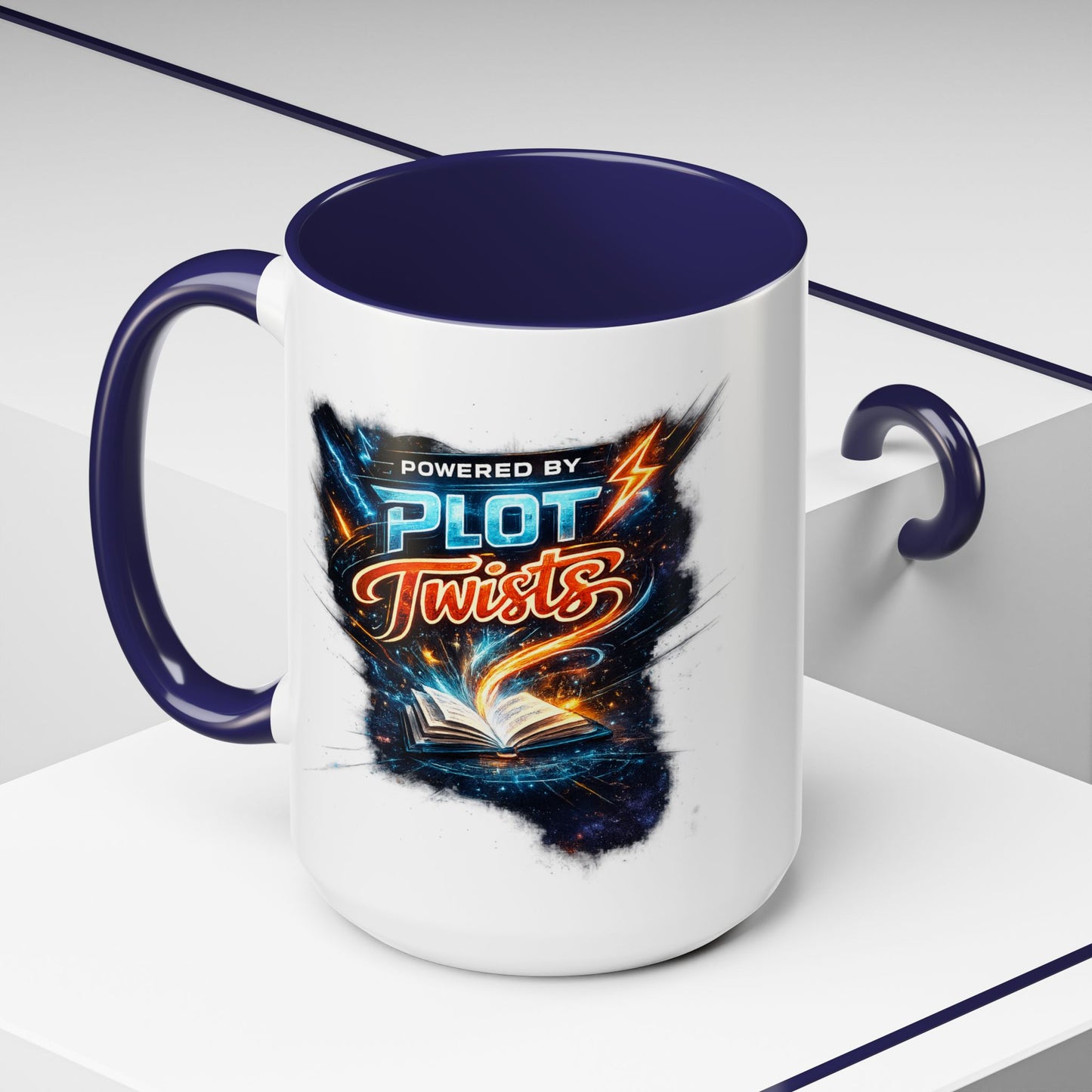 Powered by Plot Twists; Black Accent Coffee Mug with Neon Lightning Skull Design