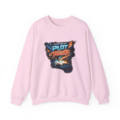 "Powered by Plot Twists" Crewneck Sweatshirt — Literary Reader & Writer Gift