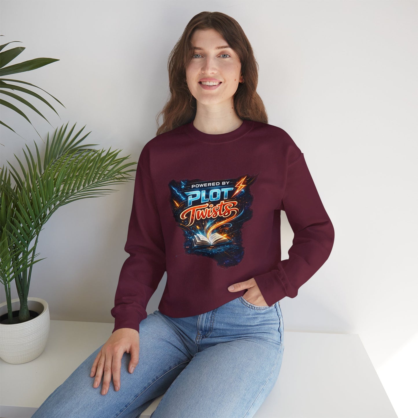 "Powered by Plot Twists" Crewneck Sweatshirt — Literary Reader & Writer Gift