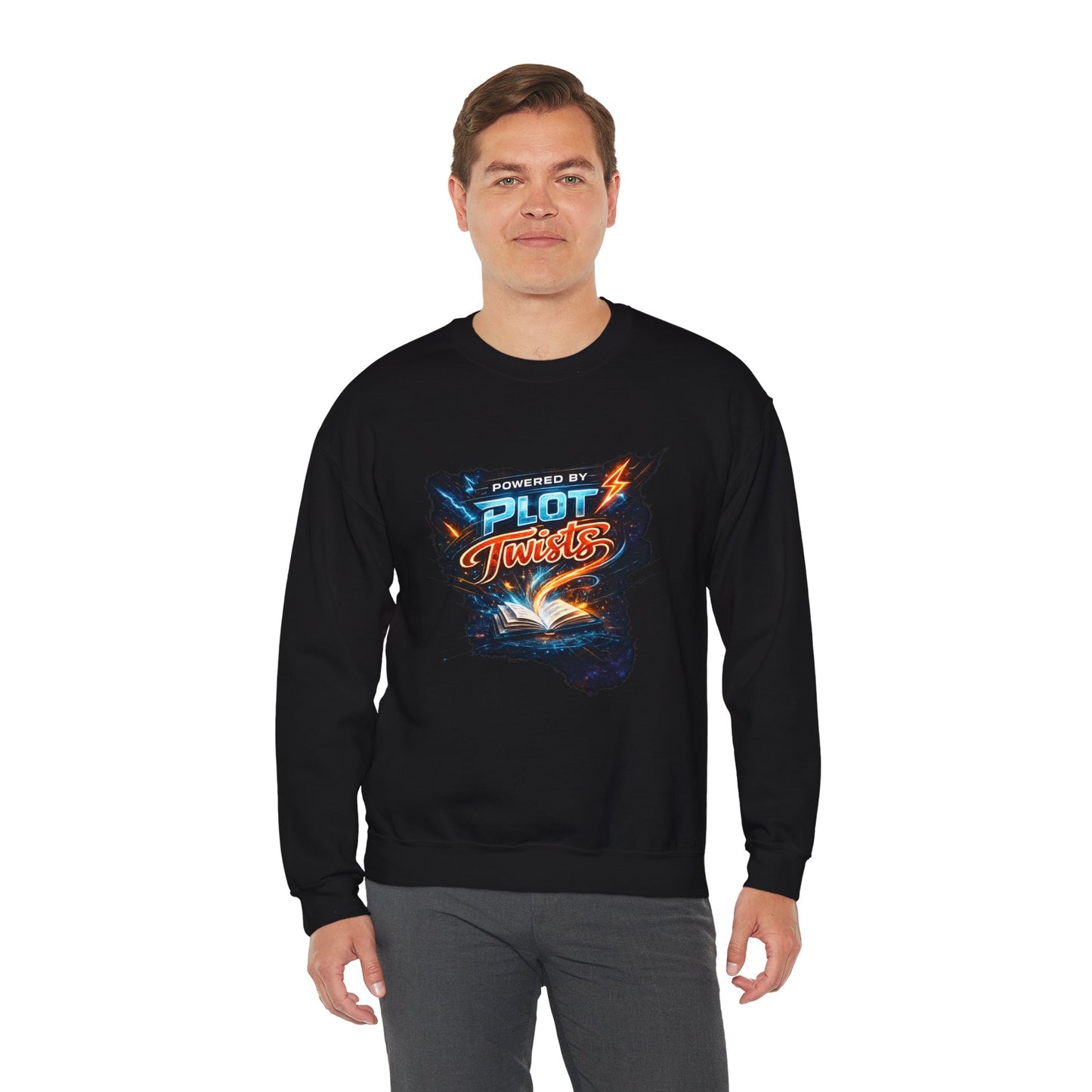 "Powered by Plot Twists" Crewneck Sweatshirt — Literary Reader & Writer Gift