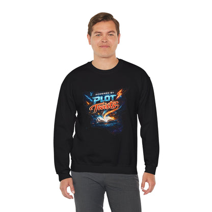 "Powered by Plot Twists" Crewneck Sweatshirt — Literary Reader & Writer Gift