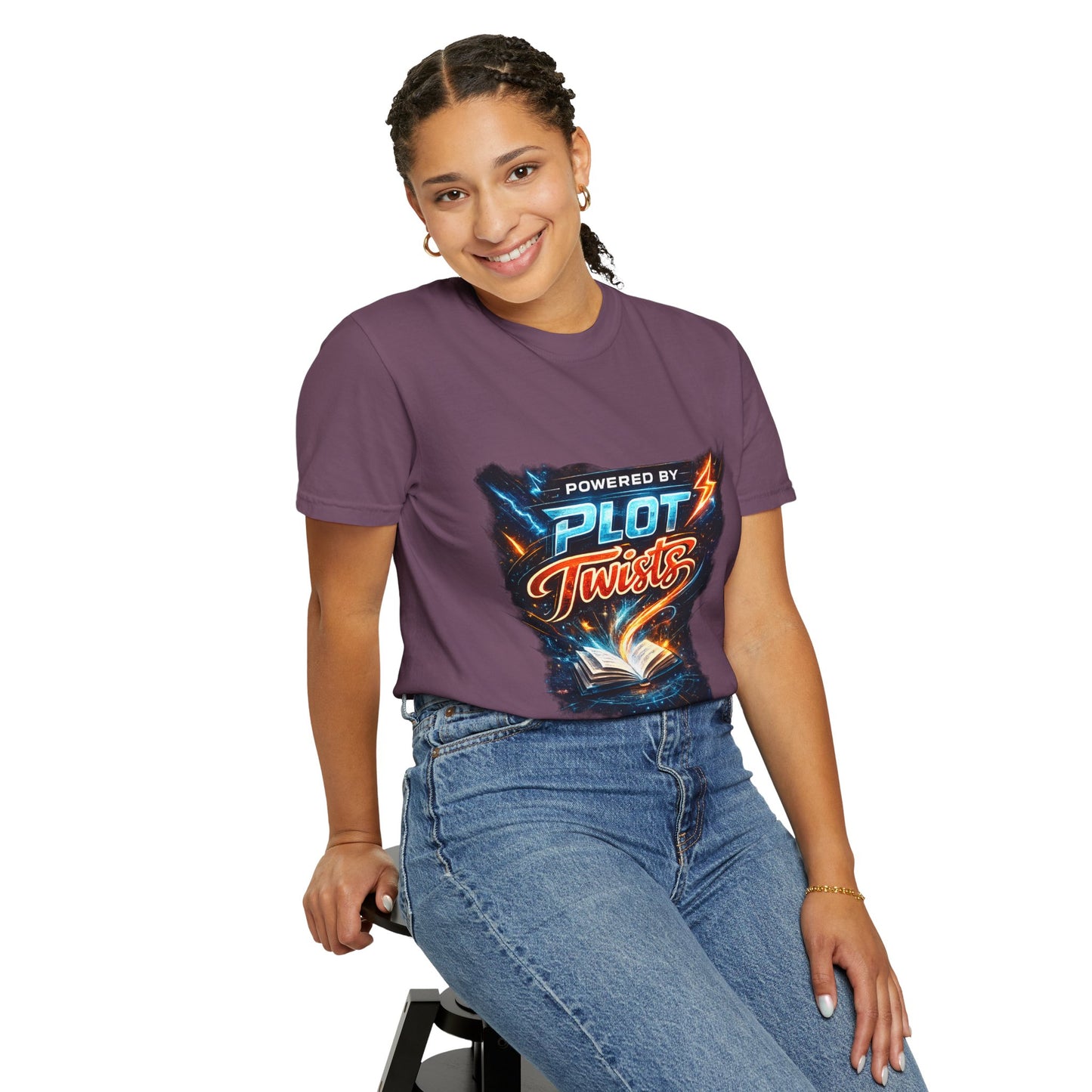 "Powered by Plot Twists" T-Shirt — Graphic Book Lover Tee