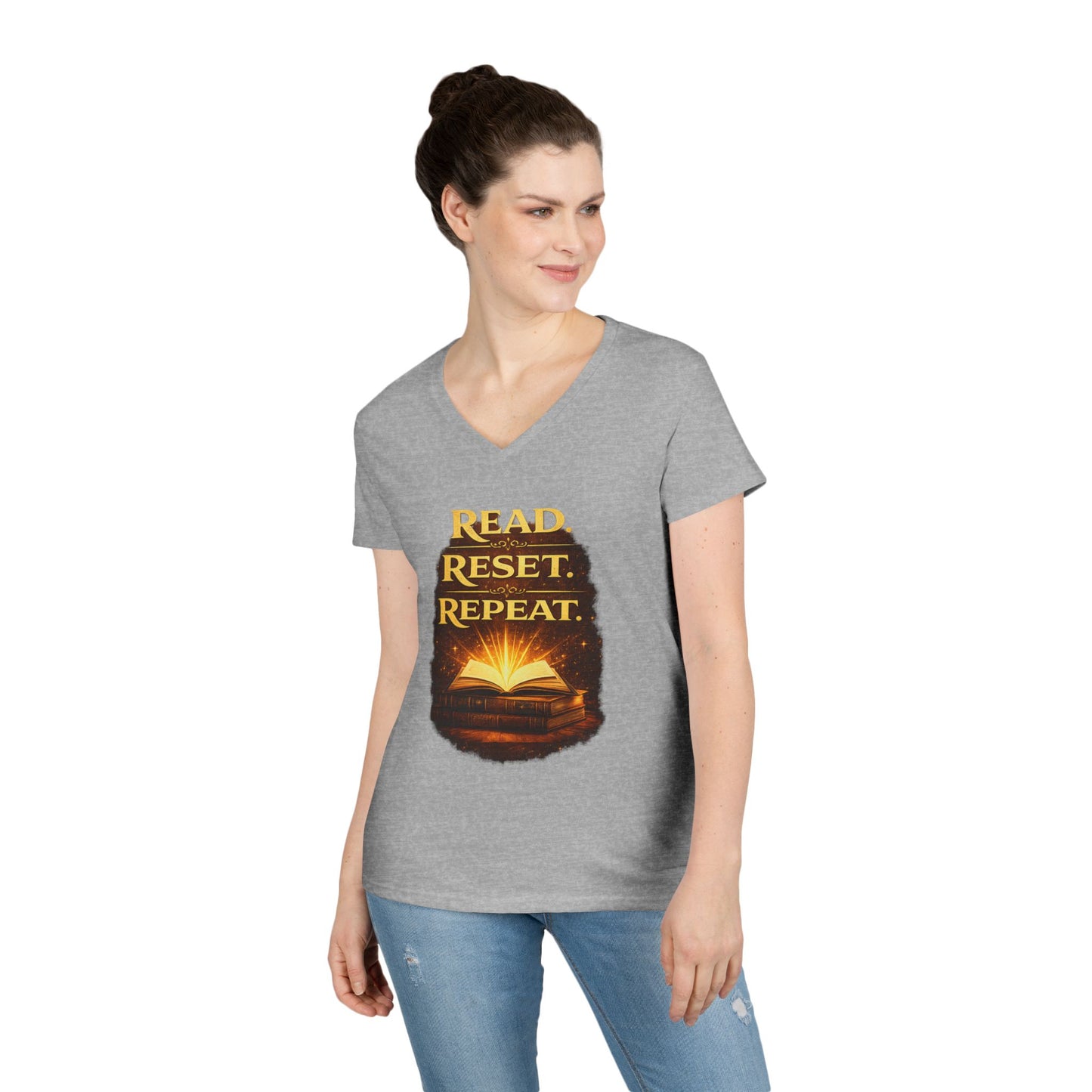 "Read Reset Repeat" V-Neck T-Shirt — Inspirational Book Lover Tee