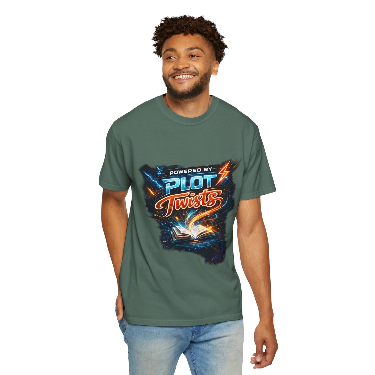 "Powered by Plot Twists" T-Shirt — Graphic Book Lover Tee