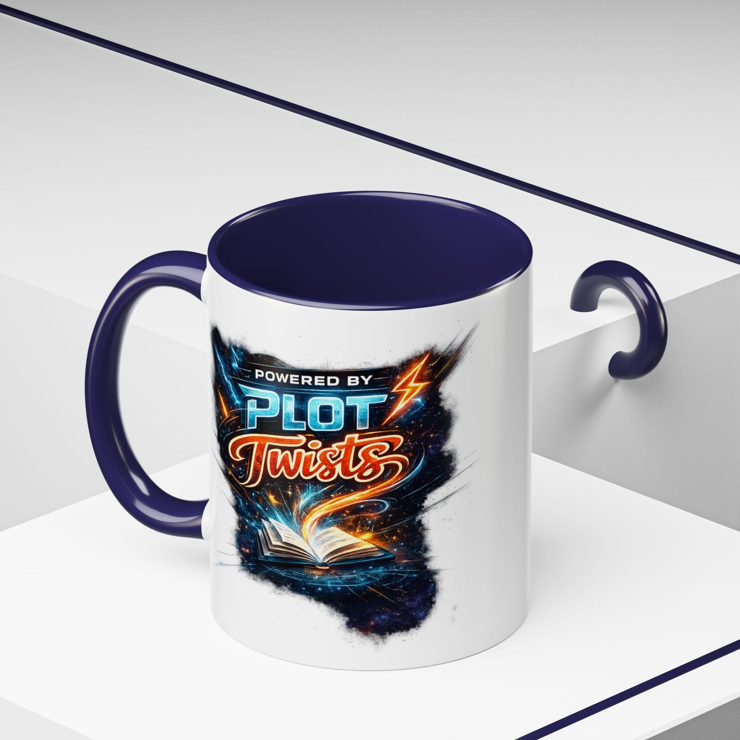 Powered by Plot Twists; Black Accent Coffee Mug with Neon Lightning Skull Design