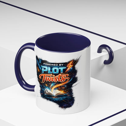 Powered by Plot Twists; Black Accent Coffee Mug with Neon Lightning Skull Design